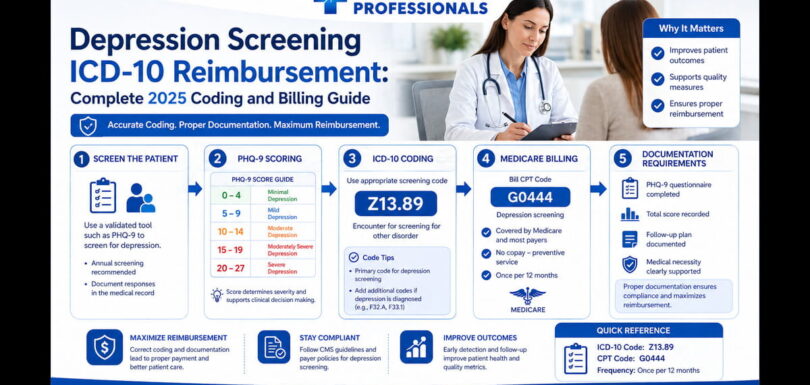 Depression screening ICD-10 reimbursement workflow showing Z13.89 coding, PHQ-9 scoring, and Medicare G0444 billing