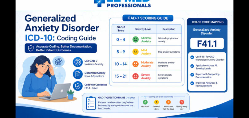 Generalized anxiety disorder ICD-10 code F41.1 with GAD-7 severity scoring guide.
