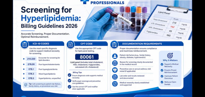 Hyperlipidemia screening billing guidelines showing ICD-10 codes, CPT 80061, and documentation requirements