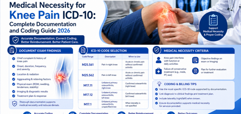Medical necessity for knee pain ICD-10 documentation showing exam findings and code selection M25.561 to M17.1