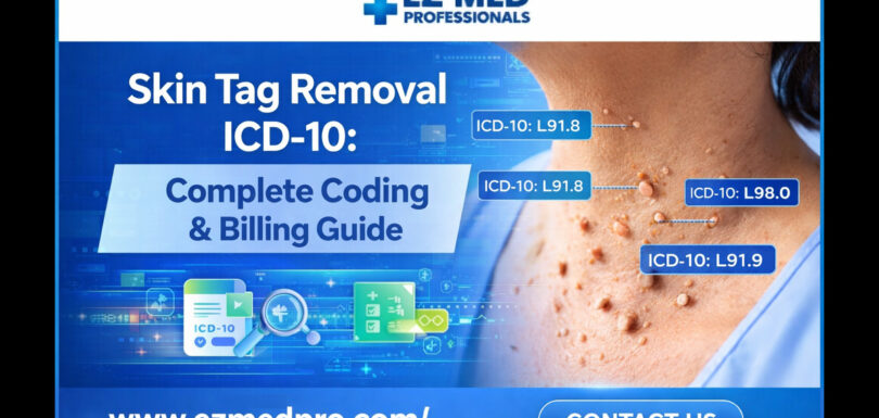 Skin tag removal ICD-10 coding guide showing acrochordons on neck with L91.8 code.