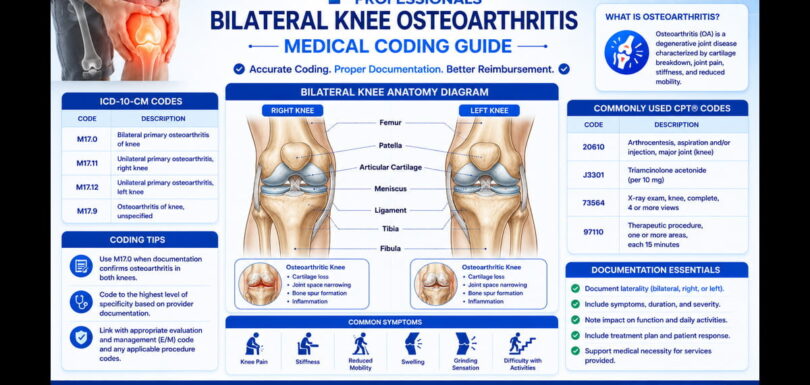 Anatomical diagram showing bilateral knee joint structure, cartilage, and bone alignment