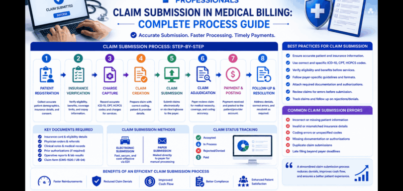Complete claim submission medical billing process flowchart showing patient registration to payment posting
