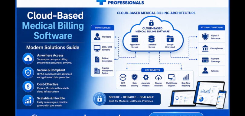 Cloud-based medical billing architecture showing EHR integration, claims processing, insurance verification, and accounts receivable management components