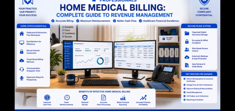 Professional woman managing home medical billing from home office setup