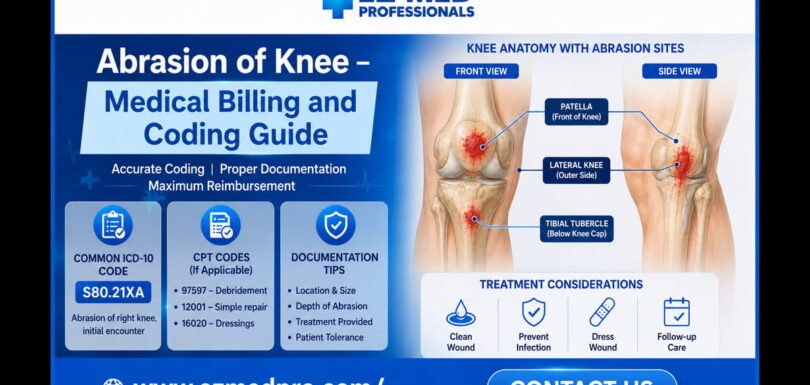 Anatomical diagram showing common knee abrasion locations including patella, anterior tibia, and patellar tendon regions