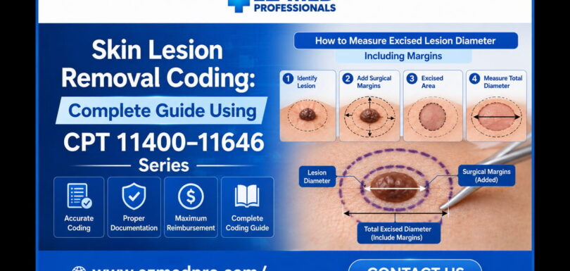 Diagram showing how to measure excised lesion diameter including margins for skin lesion removal coding