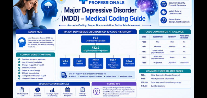 Hierarchical flowchart showing F32 single episode and F33 recurrent major depressive disorder codes with severity level branches