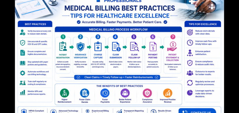 Comprehensive medical billing process workflow showing patient registration through final payment collection using medical billing best practices tips