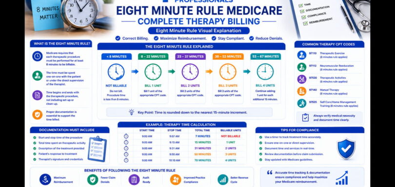 Visual diagram explaining how eight minute rule works with time increments and billing units for therapy services