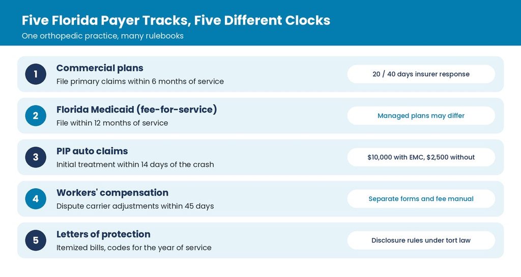 List of five Florida payer tracks with filing, PIP, workers' comp, and letter of protection rules