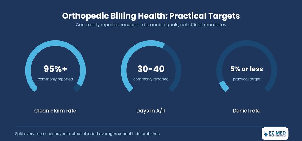 Three gauges showing clean claim rate, days in A/R, and denial rate practical targets