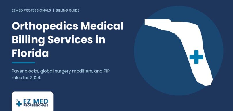 Orthopedics medical billing services in Florida guide by EZMed Professionals with Florida map and medical cross