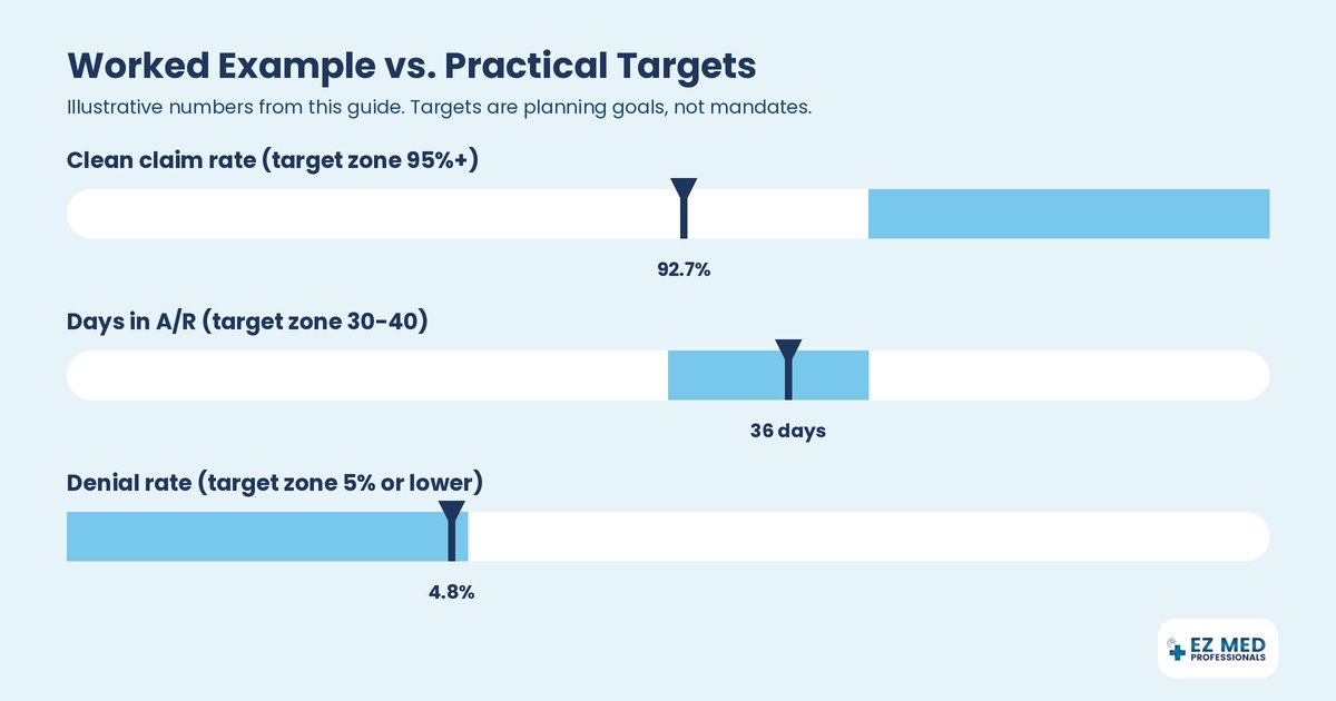 Bullet chart comparing example clean claim rate, days in A/R, and denial rate with practical target zones
