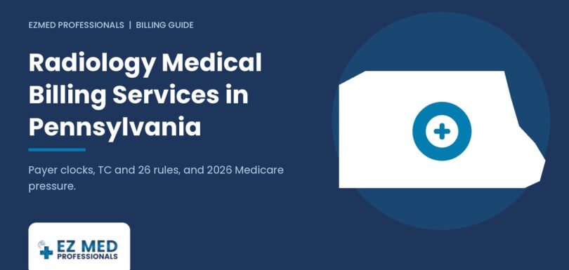Radiology medical billing services in Pennsylvania guide by EZMed Professionals with state outline and scan ring