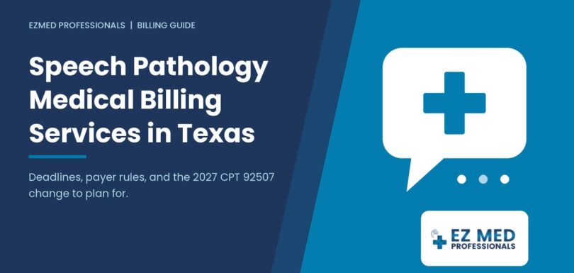 Speech pathology medical billing services in Texas guide by EZMed Professionals with speech bubble and medical cross