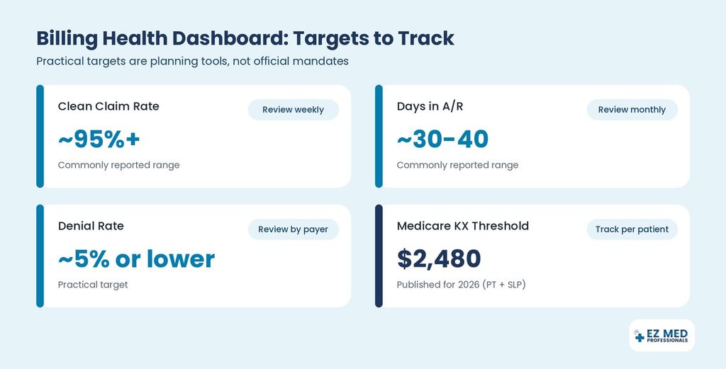 Dashboard cards showing clean claim rate, days in A/R, denial rate, and Medicare KX threshold targets