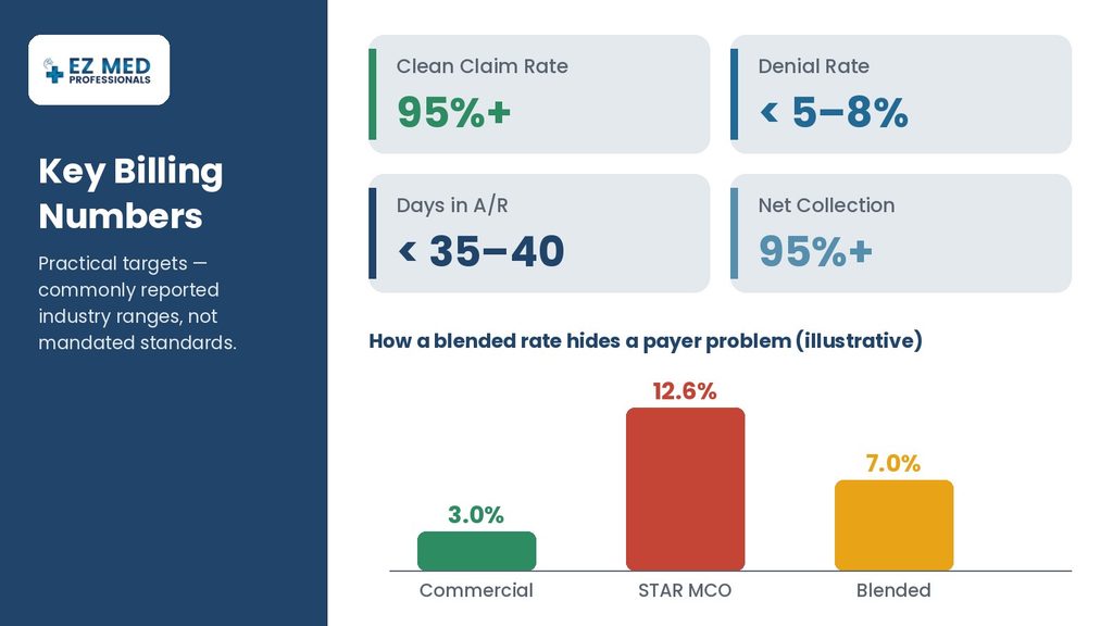 Psychiatry billing KPI targets and blended denial rate example by payer
