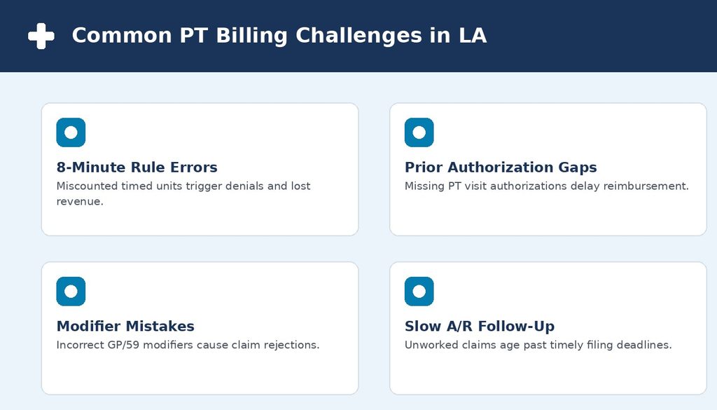 Common physical therapy billing challenges including 8-minute rule errors and prior authorization gaps