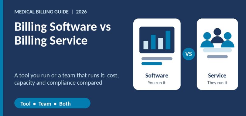 Flat illustration of a software dashboard beside a billing team desk for billing software vs billing service