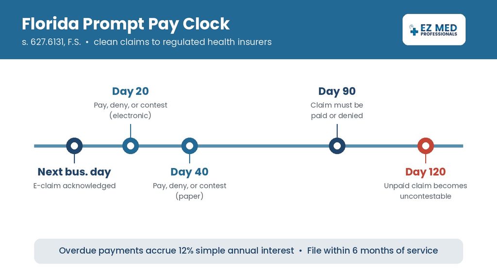 Florida prompt pay statute timeline showing 20, 40, 90 and 120 day claim deadlines