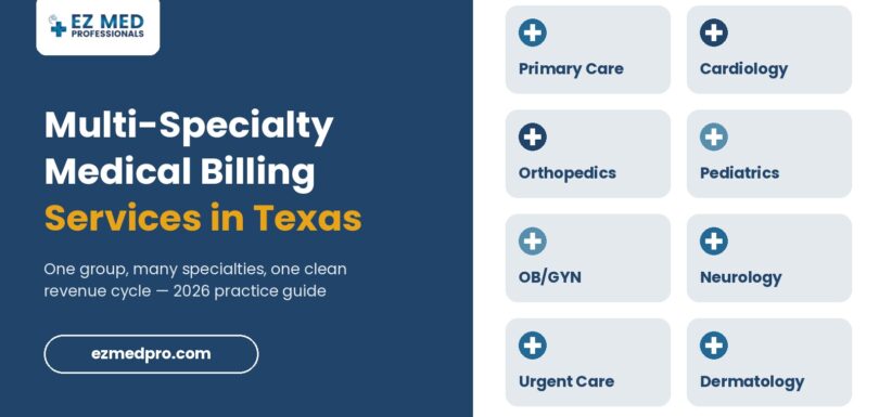 Multi-specialty medical billing services in Texas featured image with EZMed Professionals branding and specialty tiles