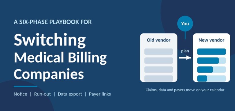 Switching medical billing companies: old vendor and new vendor joined by a transition arrow